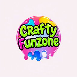 A vibrant and playful circular logo design for 'Crafty Funzone', featuring a colorful dripping paint effect