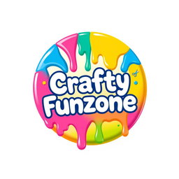 A vibrant and playful circular logo design for 'Crafty Funzone', featuring a colorful dripping paint effect