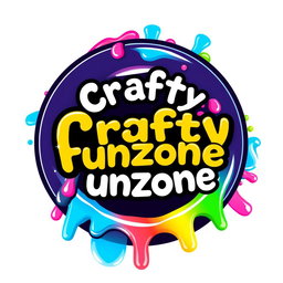 A vibrant and playful circular logo design for 'Crafty Funzone', featuring a colorful dripping paint effect