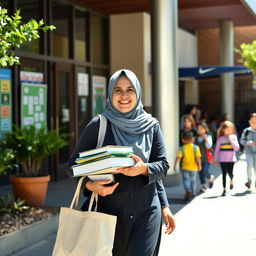 An Iranian female teacher wearing a hijab, entering a school building