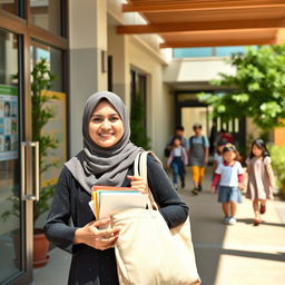 An Iranian female teacher wearing a hijab, entering a school building
