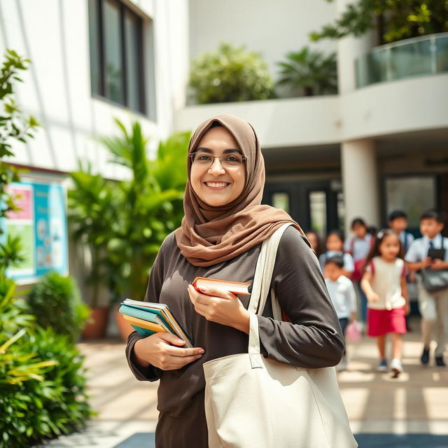 An Iranian female teacher wearing a hijab, entering a school building