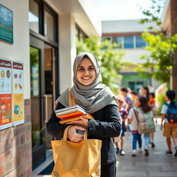 An Iranian female teacher wearing a hijab, entering a school building