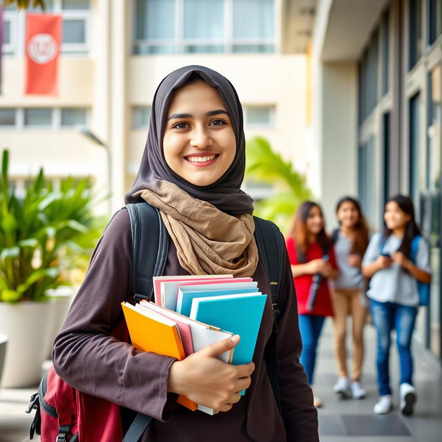An Iranian female student wearing a hijab, entering a school building
