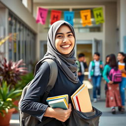 An Iranian female student wearing a hijab, entering a school building