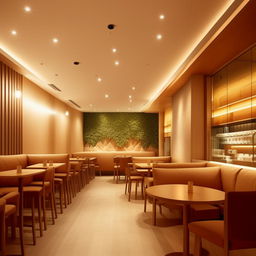 Interior design of a 10m x 10m coffee shop with a customer seating hall, featuring light-toned background, cozy seating, and warm lighting.