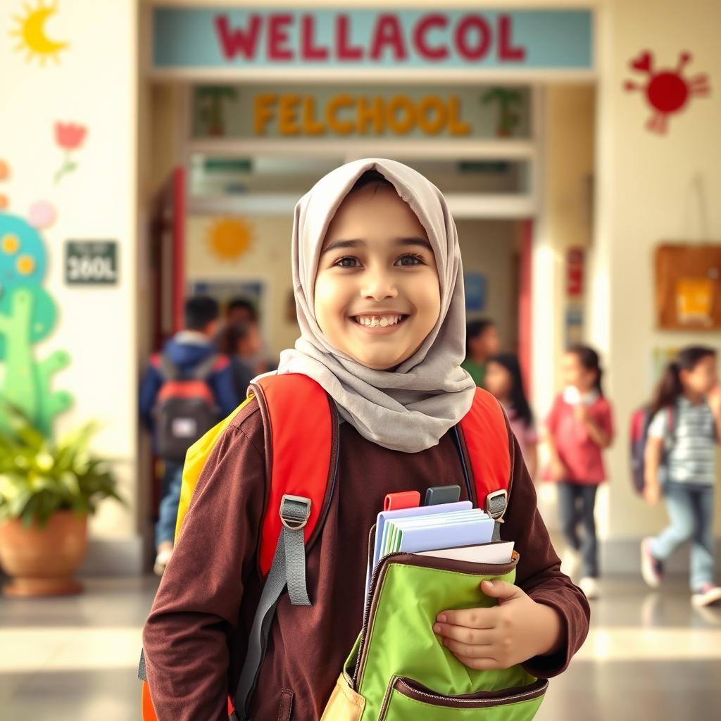 An Iranian elementary school student wearing a hijab, happily entering a school building