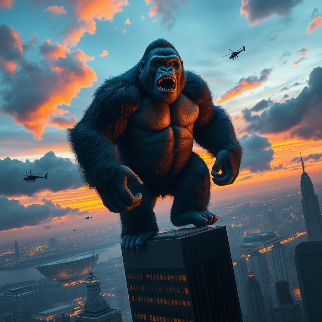 A towering King Kong standing on a skyscraper in a bustling city at sunset, with dramatic clouds in the background and vibrant colors in the sky, showcasing the immense size and power of the ape