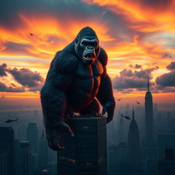 A towering King Kong standing on a skyscraper in a bustling city at sunset, with dramatic clouds in the background and vibrant colors in the sky, showcasing the immense size and power of the ape