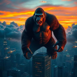 A towering King Kong standing on a skyscraper in a bustling city at sunset, with dramatic clouds in the background and vibrant colors in the sky, showcasing the immense size and power of the ape