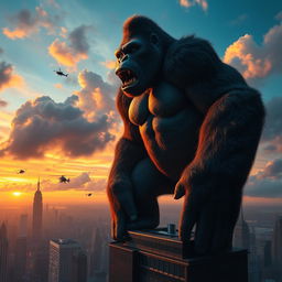 A towering King Kong standing on a skyscraper in a bustling city at sunset, with dramatic clouds in the background and vibrant colors in the sky, showcasing the immense size and power of the ape