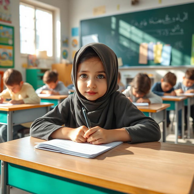An Iranian elementary school student wearing a hijab, seated at a desk taking a test