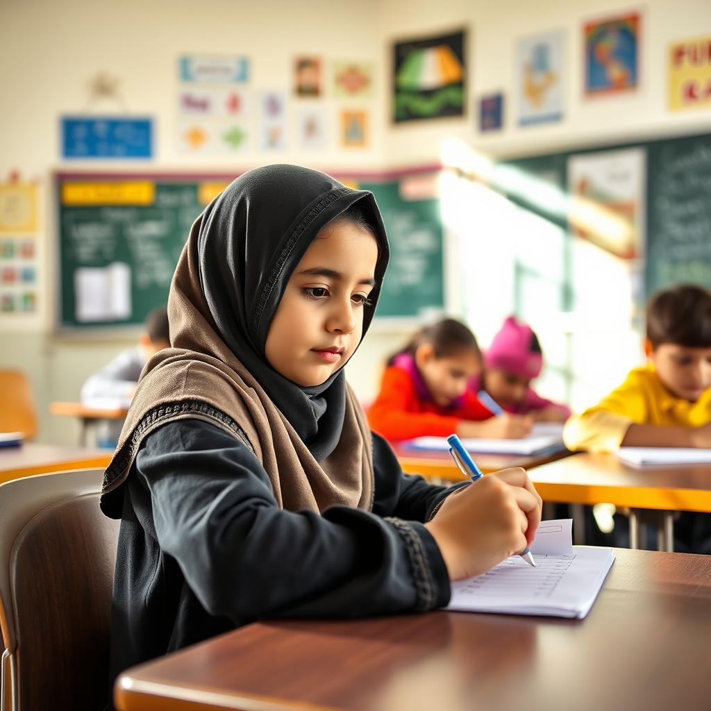 An Iranian elementary school student wearing a hijab, seated at a desk taking a test