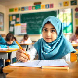 An Iranian elementary school student wearing a hijab, seated at a desk taking a test