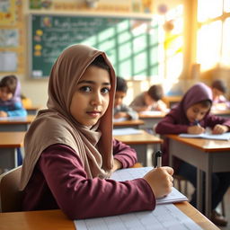 An Iranian elementary school student wearing a hijab, seated at a desk taking a test
