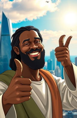 A smiling Black Jesus giving a thumbs up, radiating warmth and positivity