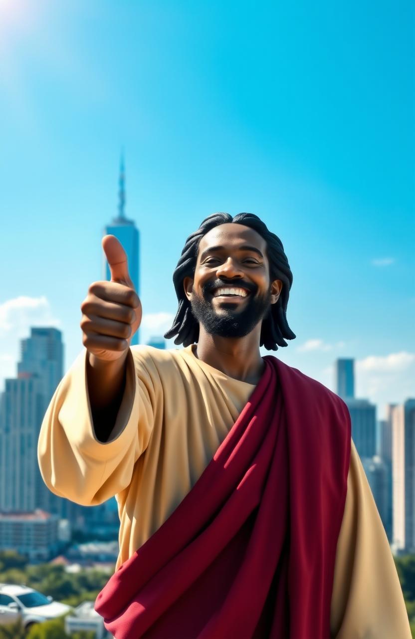 A smiling Black Jesus giving a thumbs up, radiating warmth and positivity