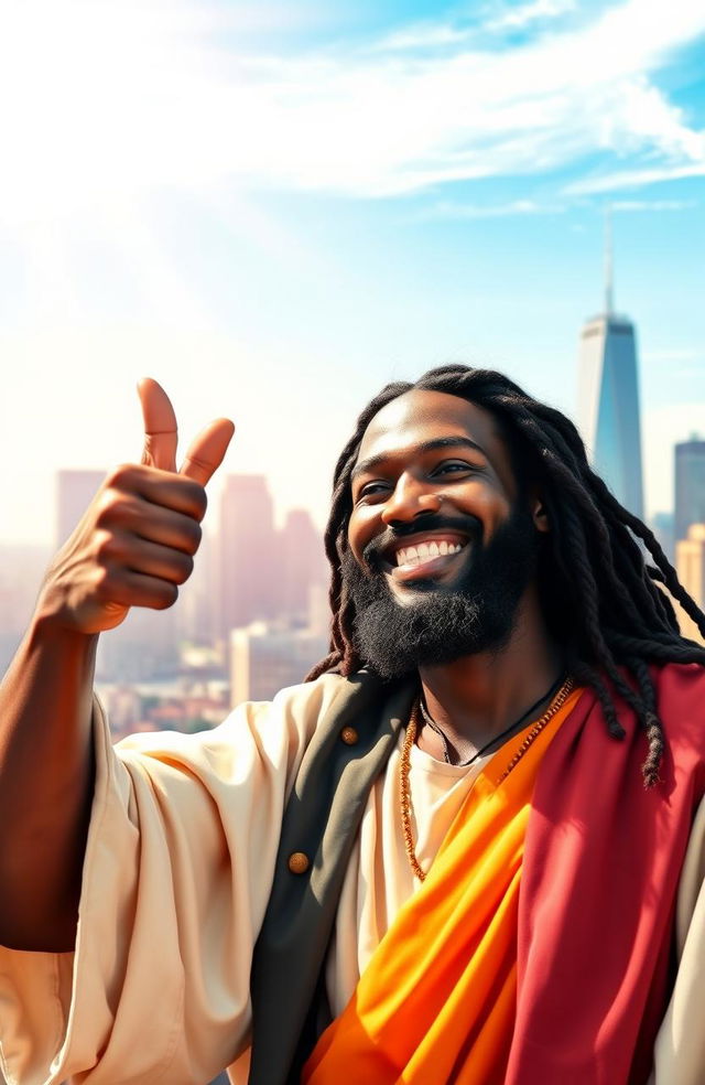 A smiling Black Jesus giving a thumbs up, radiating warmth and positivity