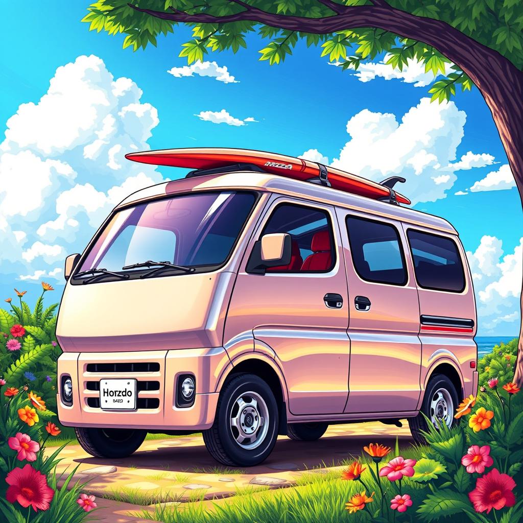 A vibrant and detailed illustration of a Mazda Bongo van parked in a scenic outdoor setting, surrounded by lush greenery and colorful flowers