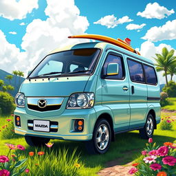 A vibrant and detailed illustration of a Mazda Bongo van parked in a scenic outdoor setting, surrounded by lush greenery and colorful flowers