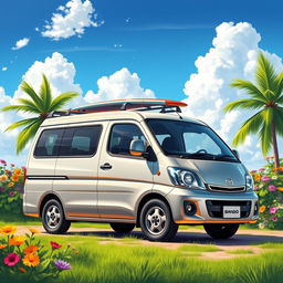 A vibrant and detailed illustration of a Mazda Bongo van parked in a scenic outdoor setting, surrounded by lush greenery and colorful flowers