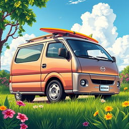 A vibrant and detailed illustration of a Mazda Bongo van parked in a scenic outdoor setting, surrounded by lush greenery and colorful flowers