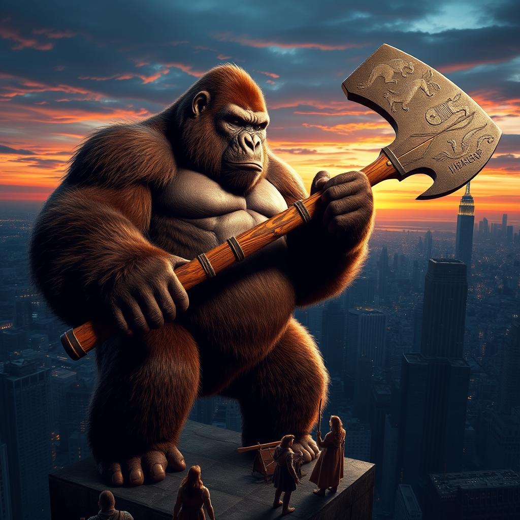 A magnificent depiction of King Kong, the colossal gorilla, wielding a massive axe made of ancient stone and wood