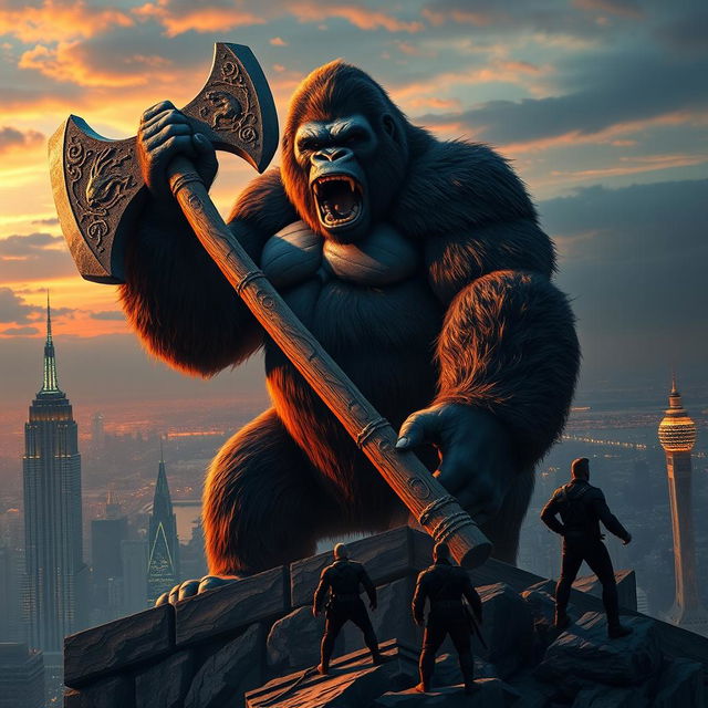 A magnificent depiction of King Kong, the colossal gorilla, wielding a massive axe made of ancient stone and wood