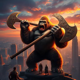 A magnificent depiction of King Kong, the colossal gorilla, wielding a massive axe made of ancient stone and wood