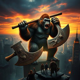 A magnificent depiction of King Kong, the colossal gorilla, wielding a massive axe made of ancient stone and wood