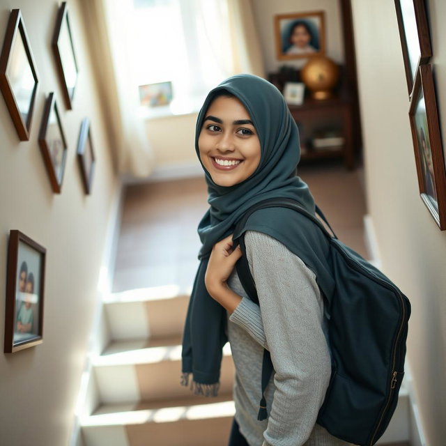An Iranian female student wearing a hijab, carefully descending the stairs of her home