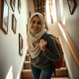 An Iranian female student wearing a hijab, carefully descending the stairs of her home
