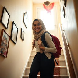 An Iranian female student wearing a hijab, carefully descending the stairs of her home