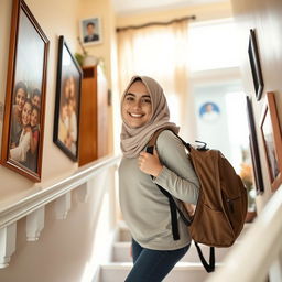 An Iranian female student wearing a hijab, carefully descending the stairs of her home