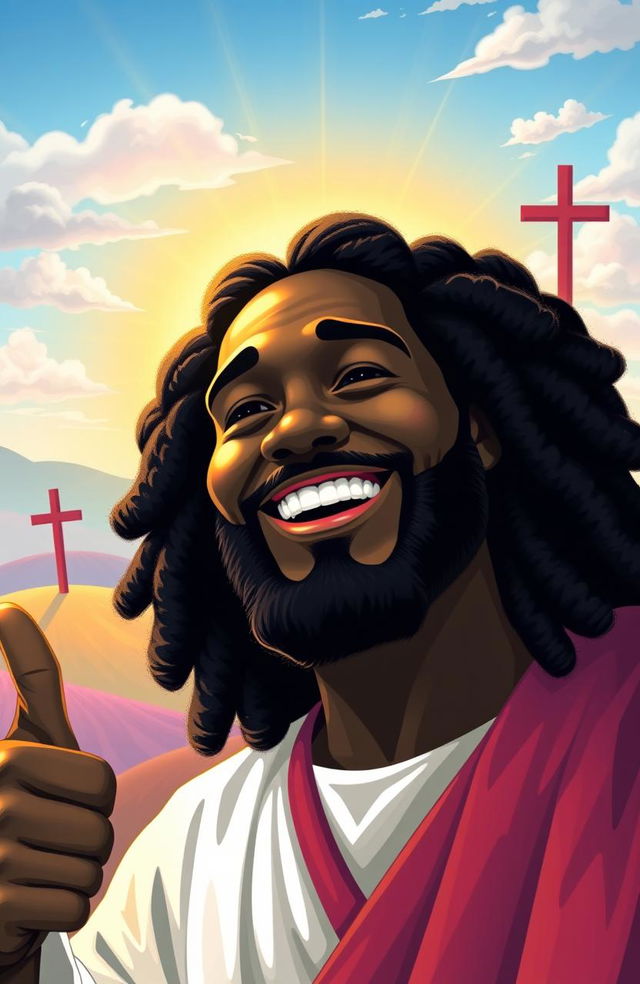 A cheerful and smiling Black Jesus giving a thumbs up, radiating positivity and warmth