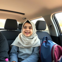 An Iranian elementary school student wearing a hijab, happily sitting in the back seat of her father's car
