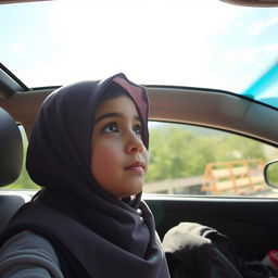 An Iranian elementary school student wearing a hijab, gazing out of the car window with a look of wonder and curiosity