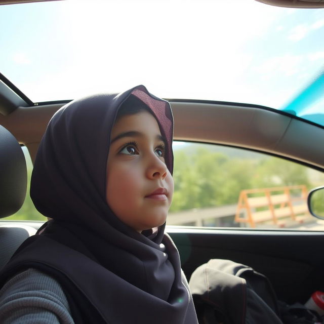An Iranian elementary school student wearing a hijab, gazing out of the car window with a look of wonder and curiosity