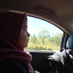 An Iranian elementary school student wearing a hijab, gazing out of the car window with a look of wonder and curiosity