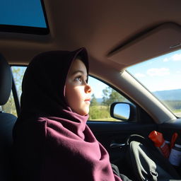 An Iranian elementary school student wearing a hijab, gazing out of the car window with a look of wonder and curiosity