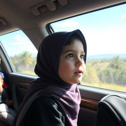 An Iranian elementary school student wearing a hijab, gazing out of the car window with a look of wonder and curiosity