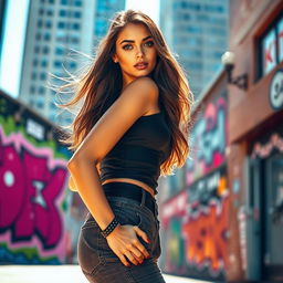 A stunning model posing confidently in a vibrant urban setting, showcasing a fashionable outfit that blends modern chic and street style