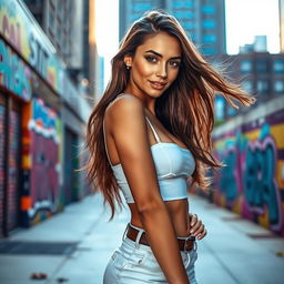 A stunning model posing confidently in a vibrant urban setting, showcasing a fashionable outfit that blends modern chic and street style