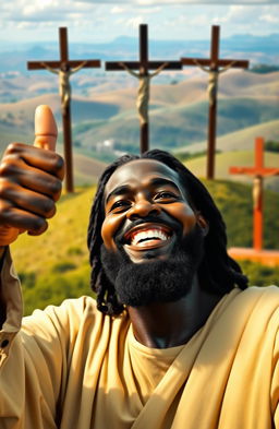 A smiling Black Jesus giving a thumbs up, radiating positivity and warmth
