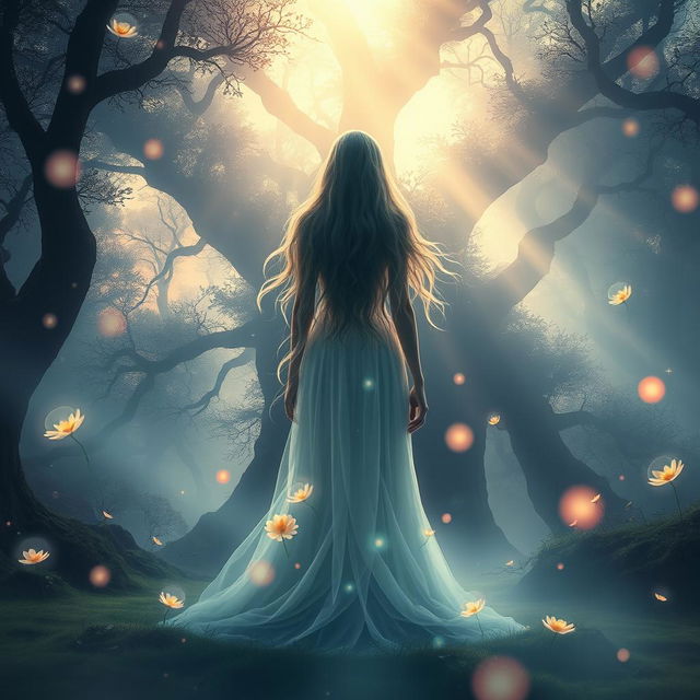 A dreamy and surreal landscape depicting a mystic figure shrouded in light, standing in the background of a lush, enchanting forest