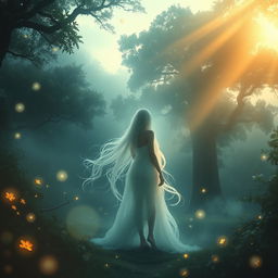 A dreamy and surreal landscape depicting a mystic figure shrouded in light, standing in the background of a lush, enchanting forest