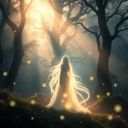 A dreamy and surreal landscape depicting a mystic figure shrouded in light, standing in the background of a lush, enchanting forest