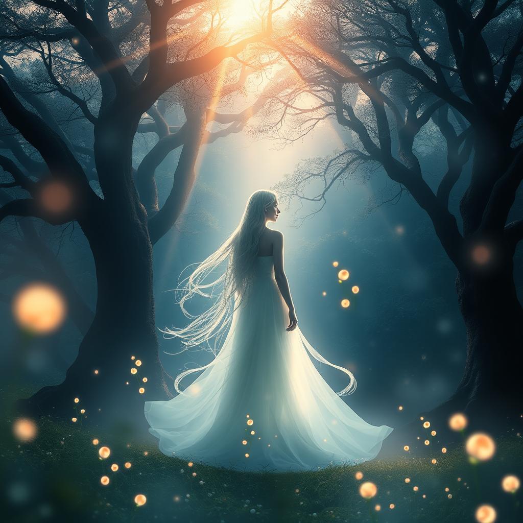 A dreamy and surreal landscape depicting a mystic figure shrouded in light, standing in the background of a lush, enchanting forest