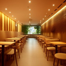 Interior design of a 10m x 10m coffee shop with a customer seating hall, featuring light-toned background, cozy seating, and warm lighting.