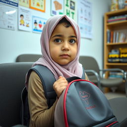 An Iranian elementary school student wearing a hijab, sitting in a waiting room at a general physician's office